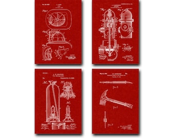 Fireman Patent Print Set of 4 - Fire Helmet, Fire Hydrant, Fire Extinguisher, Ax Patent Art Poster