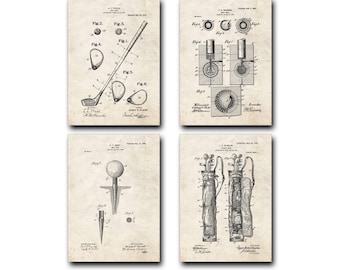 Golf Patent Print Set of 4 - Golf Club, Ball, Tee, and Bag Patent Art Poster