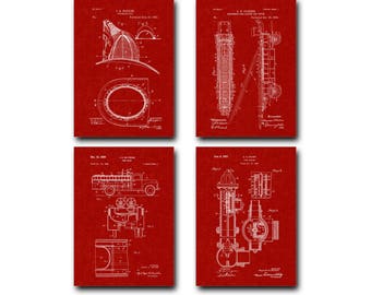 Fireman Patent Print Set of 4 - Fireman Helmet, Fire Truck, Hydrant Patent Art Poster