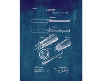Baseball Bat Patent Print Poster - 1895 -  Historical Vintage Wall Art