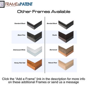 May include: A graphic showing different frame options for a picture or artwork. The frames are shown in a variety of colors and styles, including standard black, beveled black, black pine, rustic, distressed white, barnwood, honey red oak, and natural raw. The text "Click the "Add a Frame" link in the description for more info on these additional Frames or send us a message" is at the bottom of the graphic.