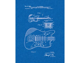 Clarence Fender Electric Guitar Patent Print Poster - 1966 -  Historical Vintage Wall Art