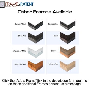 May include: A graphic showing different frame options for a picture or artwork. The frames are shown in a variety of colors and styles, including standard black, beveled black, black pine, rustic, distressed white, barnwood, honey red oak, and natural raw. The text "Click the "Add a Frame" link in the description for more info on these additional Frames or send us a message" is at the bottom of the graphic.