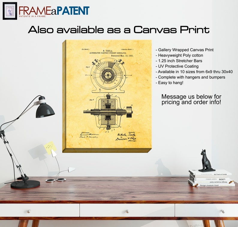 Pu&ograve; includere: Una stampa di brevetto vintage del generatore di corrente elettrica alternata di Nikola Tesla, stampata su una tela con uno sfondo ingiallito. La stampa &egrave; disponibile come stampa su tela avvolta in galleria con un materiale in cotone poli pesante, barre di barella da 1,25 pollici, rivestimento protettivo UV ed &egrave; disponibile in 10 dimensioni da 6x9 a 30x40 pollici.