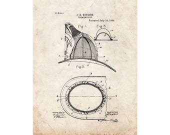 Fireman's Helmet Patent Print Poster - 1889 -  Historical Vintage Wall Art