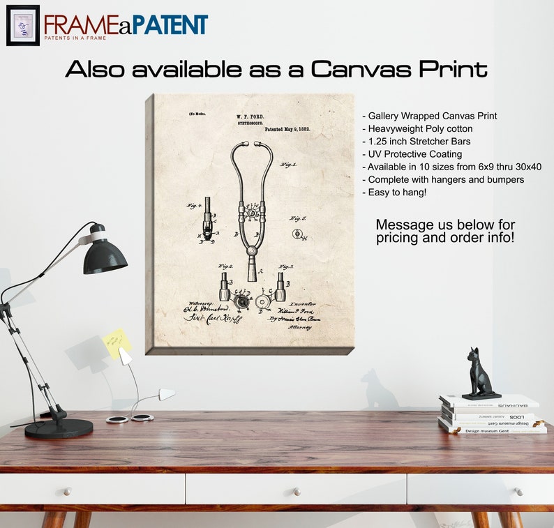 May include: A vintage canvas print of a stethoscope patent drawing. The print is available in 10 sizes from 6x9 to 30x40 inches. It includes hangers and bumpers and is easy to hang.