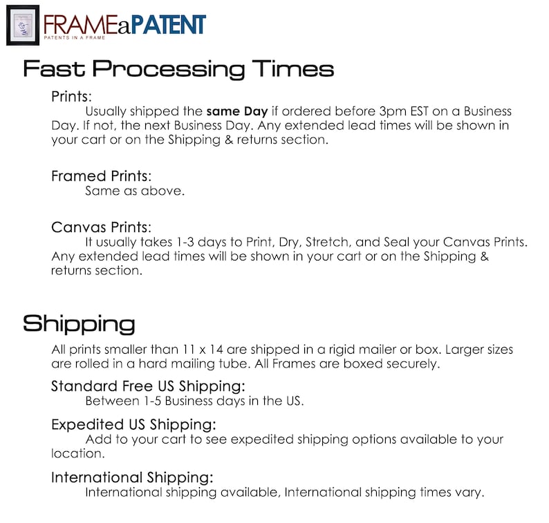 May include: A text-based document outlining the processing times for prints, framed prints, and canvas prints. It also includes information about standard and expedited shipping options, as well as international shipping.