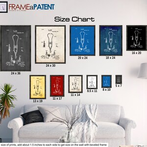 May include: Size chart for a vintage medical stethoscope patent print. The chart shows different sizes of prints available, ranging from 5x7 inches to 24x36 inches.