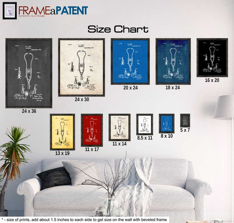 May include: Size chart for a vintage medical stethoscope patent print. The chart shows different sizes of prints available, ranging from 5x7 inches to 24x36 inches.