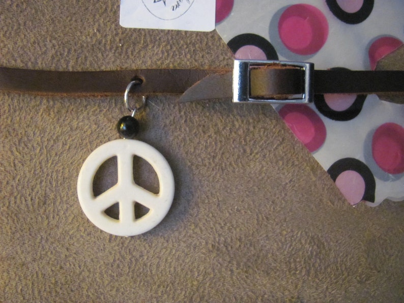 Brown Leather Choker Necklace with Peace Sign