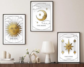Set of 3 The Sun The Moon The Star gold Tarot Card Print, Earthy Boho Set, Celestial Wall Prints, Astrology Posters, Mystical Tarot Card Art
