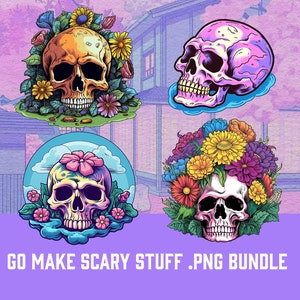 4 PNG Floral Schädel Clipart, Gothic Clipart, Fantasy Clip Art, Floral Schädel Clip Art Bundle, Hexe PNG, Schädel PNG, Wicca Clipart, Skelett