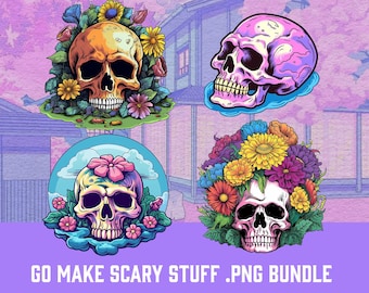 4 PNG Floral Skull Clipart, Gothic Clipart, Fantasy Clip art, Floral Skull Clip Art Bundle, witch png, Skull png, wiccan clipart, skeleton