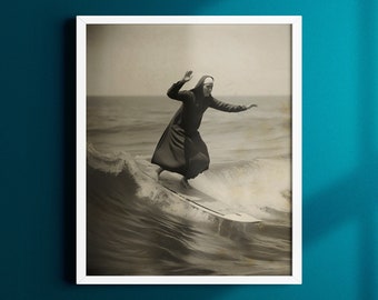 Surfing Nun, black & white vintage photo print, retro surfing art, home decor, gift for surfers, Quirky print, funny wall art, surf culture