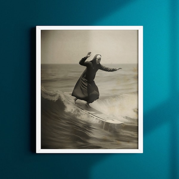 Surfing Nun, black & white vintage photo print, retro surfing art, home decor, gift for surfers, Quirky print, funny wall art, surf culture