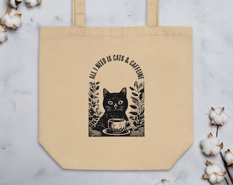 Cats & Caffeine gift for cat lovers | Eco Tote Bag | gift for animal lover | coffee lover tote | cat lover tote