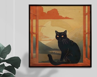 Print at home gift for cat lover | Black cat | Japanese Style | Digital Illustration I Downloadable Print I Cat wall art I Vintage style