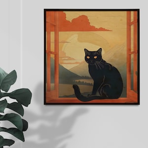 Gift for cat lovers | black cat | Japanese style | Retro | Mount Fuji | digital print | wall art | cat art | cat print | Japancore