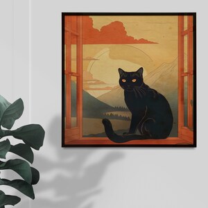 Print at home gift for cat lover | Black cat | Japanese Style | Digital Illustration I Downloadable Print I Cat wall art I Vintage style