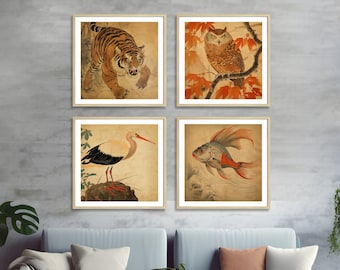 Japanese gallery wall set of 4 prints | animal print | vintage wall art | Printable 18x18in | downloadable art | Tiger | Stork | Fish | Owl