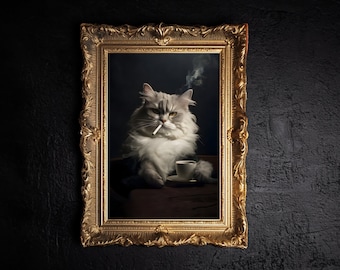 bad kitty gothic art print, funny, quirky cat art print, Moody Gothic Decor, Printable Wall Art, Cat Lover Gift, White Cat Digital Art