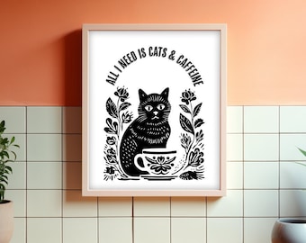 cats and coffee print | gift for cat lover | home decor |  black and white print | cat art | coffee art | animal print | Christmas gift