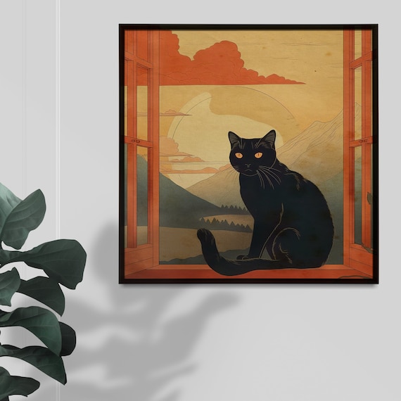 Gift for Cat Lovers | Black Cat | Japanese Style | Retro