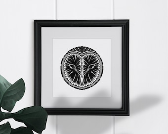 Owl print, barn owl, black and white, wall art, nature art, bird art, nature print, hand illustrated, owl art