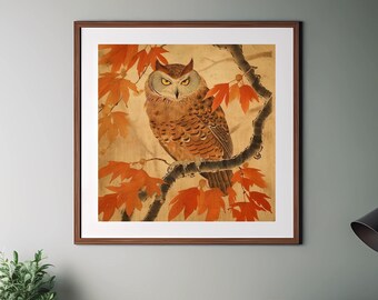 Vintage Japanse uil print | Japanse kunst | Japans decor | Wanddecoratie | Uitstekende illustratie | Cadeautip | Zen-kunst | Japanse dieren in het wild