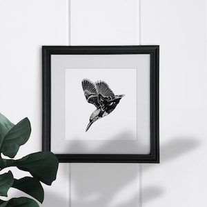 Hand drawn kingfisher print, black and white, wall art, nature art, bird art, nature print, hand illustration kingfisher art