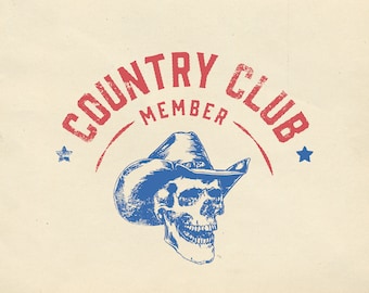 Teschio da cowboy occidentale membro del country club, camicia da vacanza vintage grafica PNG trasparente download digitale