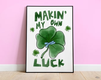 Lucky wall print, Hand illustrated green wall art, st patrick's day, 4 leaf clover, office print, motivation, positive affirmation, quirky