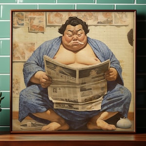 May include: Framed artwork showing a sumo wrestler in a blue robe reading a newspaper. The artwork is set against a backdrop of vintage-style images and a green tiled wall. A small potted plant sits on a wooden surface.