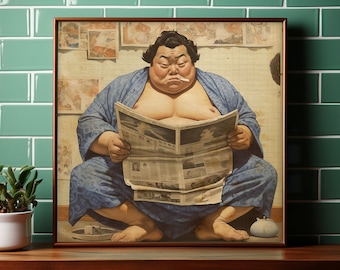 Quirky Bathroom Art I Japanese Sumo Wrestler I 12x12 Digital Illustration I Quirky print I Toilet humour print I Vintage Illustration print