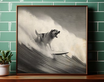 Vintage Surfing Dog square print , gift for dog lovers, dog art, Retro surfing decor, Dog Print Animal Wall Art, quirky wall art, home decor