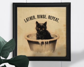 Quirky Bathroom Art I cat in bath I Quirky print I Bathroom humour print I Vintage Illustration print