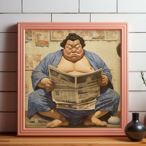 Könnte beinhalten: Ein gerahmtes Gemälde eines Mannes in einem blauen Gewand, der auf dem Boden sitzt und eine Zeitung liest. Der Mann ist oben ohne und hat einen großen Bauch. Das Gemälde ist vor einer weißen gekachelten Wand platziert.
