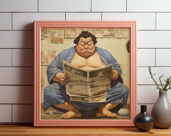 Quirky Bathroom Art I Japanese Sumo Wrestler I 12x12 Digital Illustration I Quirky print I Toilet humour print I Vintage Illustration print