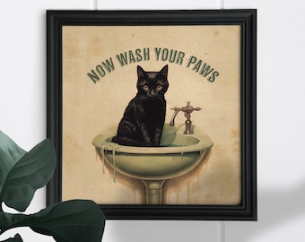Gato negro lava tus patas cartel baño decoración impresión animal imagen vintage pared arte baño baño decoración del hogar descarga de alta calidad