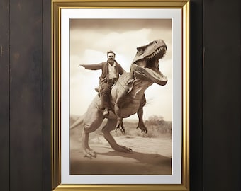 quirky vintage print of man riding a dinosaur, black and white photography, sepia print, funny art, dinosaur print, animal print, antique