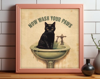 Quirky Bathroom Art I cat in sink I Wash your hands I Quirky print I Toilet humour print I Vintage Illustration print | funny animal print