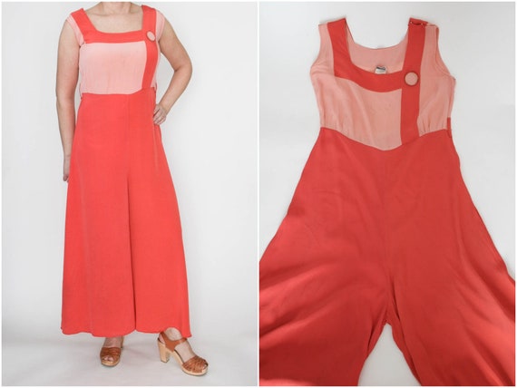 1930s Two-Tone Pink Rayon Beach Pajamas Jumpsuit