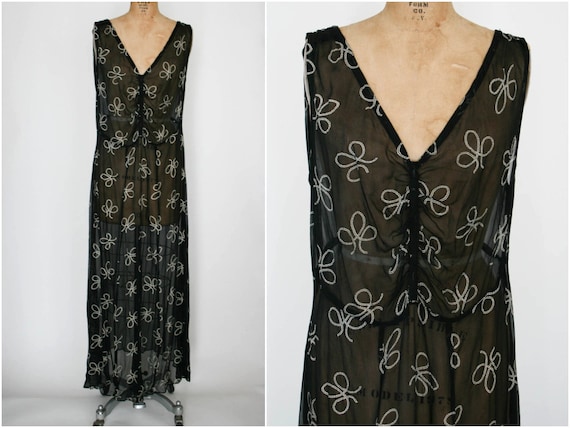 1930s Black Chiffon Gown with White Print