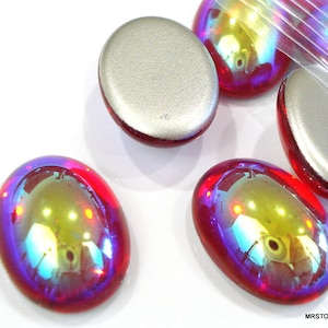 2 pc Lot 18x13mm Red Ruby AB Glass Oval Vintage Cabochons