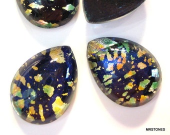 2 pc Lot 18x13mm Black Opal Pear Shape Teardrop Pendaloque Glass Vintage Cabochon Stones Flat Back