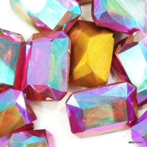 2 pc Lot 18x13mm (4626/2) Light Siam AB Cushion Octagons Gold Foiled Pointed Back Vintage Glass Stones