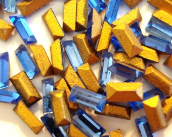 12 pc Lot 3x1.5mm Sapphire Blue Baguettes Gold Foiled Pointed Back Vintage Swarovski 4500 Rhinestones