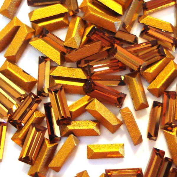 12 pc Lot 4x1.5mm Smoked Topaz Baguettes Gold Foiled Pointed Back Vintage Swarovski 4500 Rhinestones