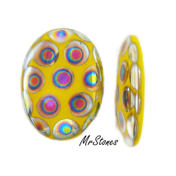 2pcs 18x13 mm Shiny Yellow Peacock Oval Cabochon Low Dome 3mm Foiled Glass Czech Stones