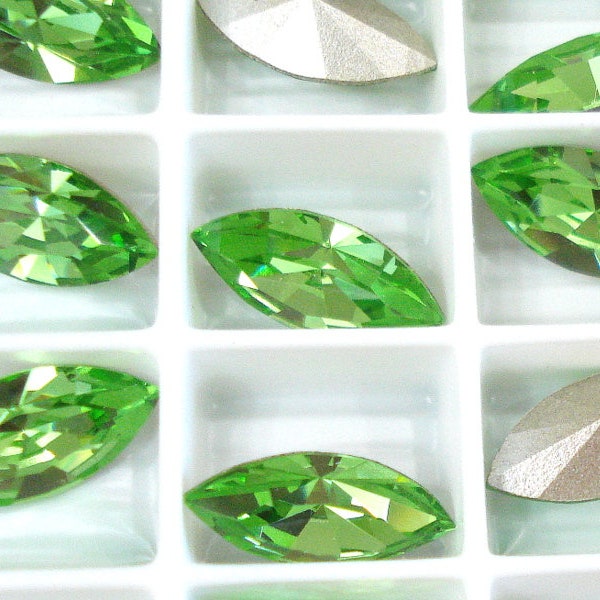 6 pc Lot 15x7mm Peridot Green Marquises Navettes Swarovski 4200 Pointed Back Silver Foiled Rhinestones